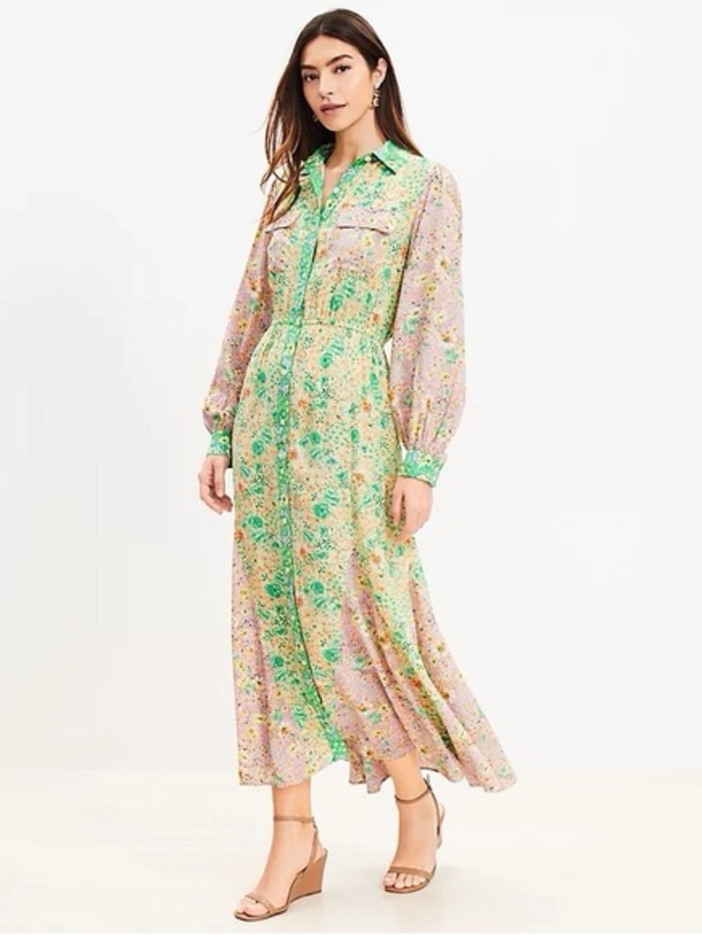 Loft Maxi Dress Womens L Floral Shirtdress Garden Party Mixed Media Long Sleeve